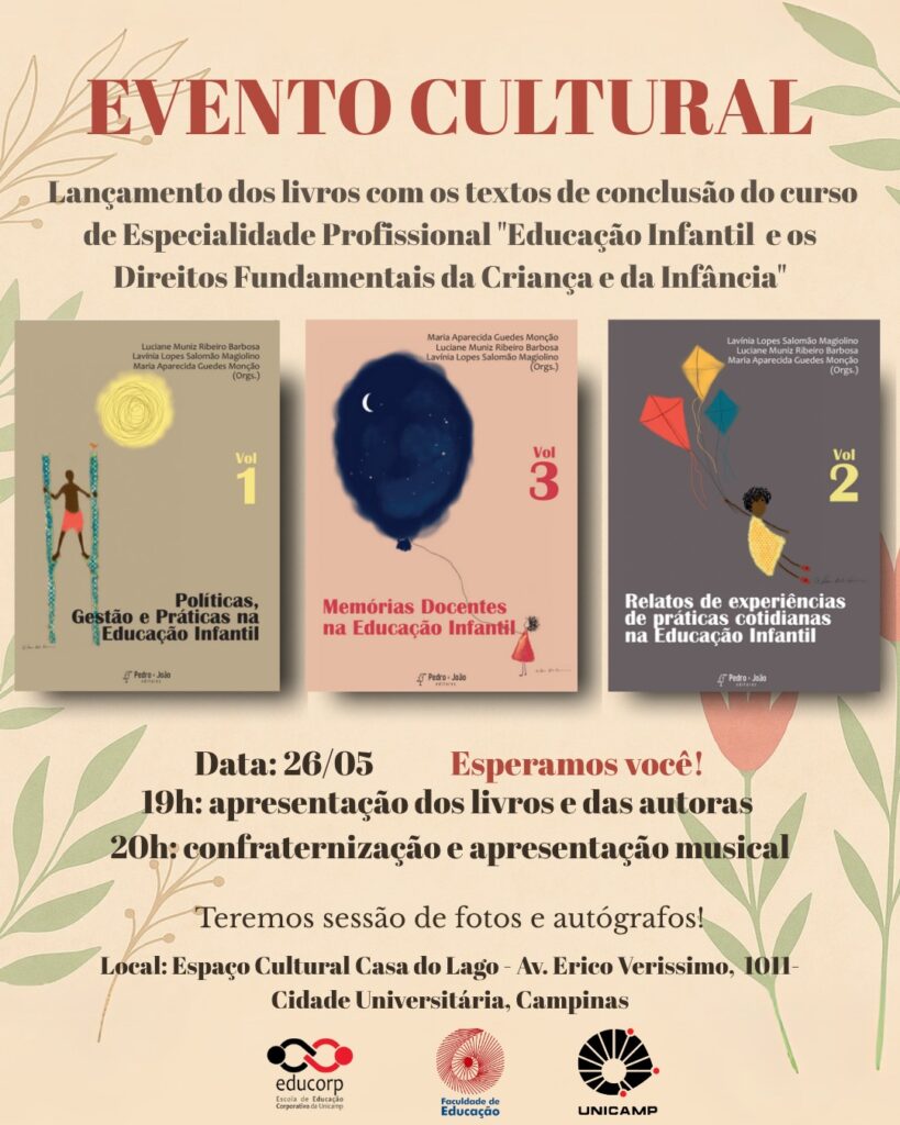 Cartaz do evento "Evento Cultural de Lançamento dos livros do Curso “Educação Infantil e os Direitos Fundamentais da Criança e da Infância”