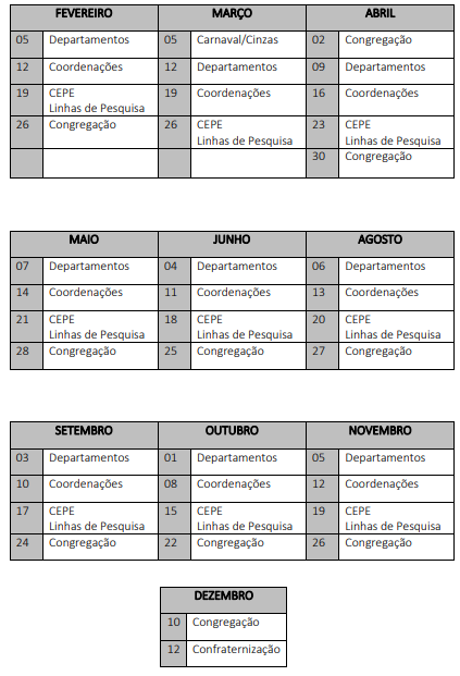 Calendário de reuniões da FE - Ano: 2025