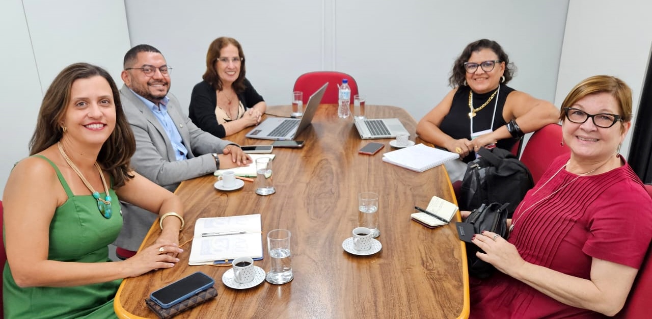 Cinco pessoas estão sentadas em volta de uma mesa de reunião, em uma sala com paredes claras. Na mesa identificamos a Professora Rosaura Soligo à direita.