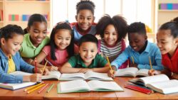 Uma imagem mostra um grupo de crianças de diferentes etnias e idades sentadas em volta de uma mesa, aparentando estar envolvidas em tarefas escolares. A composição da imagem é centralizada na mesa com livros abertos e crianças em diferentes posições. As crianças estão interagindo entre si, compartilhando os materiais e se concentrando nas tarefas. As crianças parecem engajadas e felizes. A moldura da imagem capta a dinâmica e a atmosfera de concentração entre as crianças. Os elementos da imagem estão posicionados de forma que o foco esteja nas expressões de felicidade e cooperação das crianças. Os principais sujeitos da imagem são um grupo de crianças em idade escolar primária ou fundamental. As crianças são de diferentes etnias e possuem características físicas distintas. Todas estão com expressões felizes e parecem engajadas em uma atividade conjunta. Elas usam roupas casuais. Não são perceptíveis as características físicas, expressões faciais ou vestimentas detalhadamente. Todas demonstram alegria e concentração durante as atividades escolares. O meio artístico da imagem é fotográfico. A execução técnica é nítida e bem iluminada, apresentando cores vibrantes e vivas que realçam a atmosfera alegre e colaborativa. O estilo da imagem parece ser uma foto bem trabalhada para destacar o aspecto colaborativo e a alegria das crianças. Escolhas criativas foram feitas para enfatizar as expressões de alegria e cooperação das crianças e o ambiente colaborativo. O ambiente se passa dentro de uma sala de aula ou ambiente escolar. A iluminação é natural, suficiente e bem distribuída, criando uma atmosfera alegre e positiva. A composição e a iluminação da imagem produzem uma atmosfera de ensino e aprendizagem, com o grupo de crianças cooperando entre si e se concentrando em seu trabalho. Há livros e objetos escolares sobre a mesa. O ambiente de ensino é colaborativo e positivo.