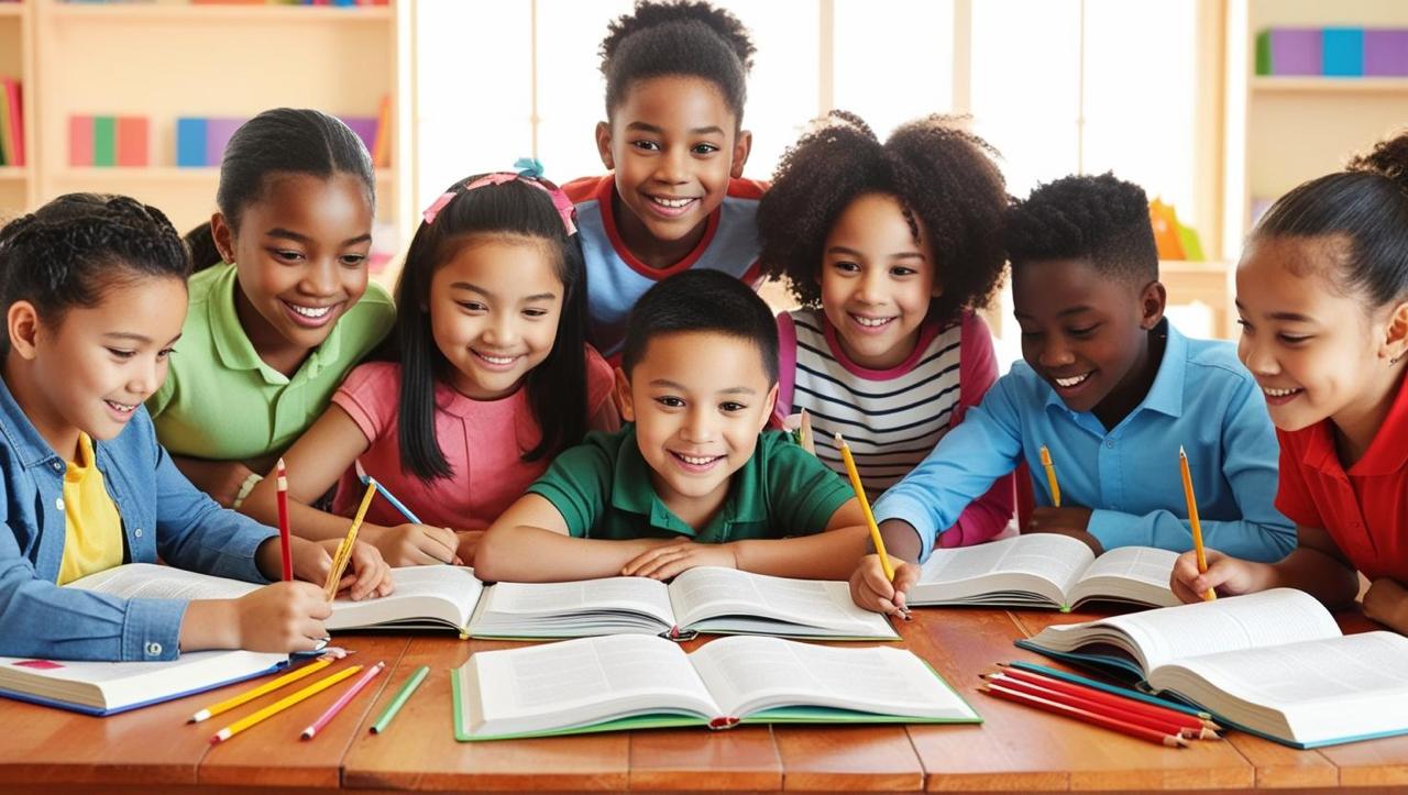 Uma imagem mostra um grupo de crianças de diferentes etnias e idades sentadas em volta de uma mesa, aparentando estar envolvidas em tarefas escolares. A composição da imagem é centralizada na mesa com livros abertos e crianças em diferentes posições. As crianças estão interagindo entre si, compartilhando os materiais e se concentrando nas tarefas. As crianças parecem engajadas e felizes. A moldura da imagem capta a dinâmica e a atmosfera de concentração entre as crianças. Os elementos da imagem estão posicionados de forma que o foco esteja nas expressões de felicidade e cooperação das crianças. Os principais sujeitos da imagem são um grupo de crianças em idade escolar primária ou fundamental. As crianças são de diferentes etnias e possuem características físicas distintas. Todas estão com expressões felizes e parecem engajadas em uma atividade conjunta. Elas usam roupas casuais. Não são perceptíveis as características físicas, expressões faciais ou vestimentas detalhadamente. Todas demonstram alegria e concentração durante as atividades escolares. O meio artístico da imagem é fotográfico. A execução técnica é nítida e bem iluminada, apresentando cores vibrantes e vivas que realçam a atmosfera alegre e colaborativa. O estilo da imagem parece ser uma foto bem trabalhada para destacar o aspecto colaborativo e a alegria das crianças. Escolhas criativas foram feitas para enfatizar as expressões de alegria e cooperação das crianças e o ambiente colaborativo. O ambiente se passa dentro de uma sala de aula ou ambiente escolar. A iluminação é natural, suficiente e bem distribuída, criando uma atmosfera alegre e positiva. A composição e a iluminação da imagem produzem uma atmosfera de ensino e aprendizagem, com o grupo de crianças cooperando entre si e se concentrando em seu trabalho. Há livros e objetos escolares sobre a mesa. O ambiente de ensino é colaborativo e positivo.