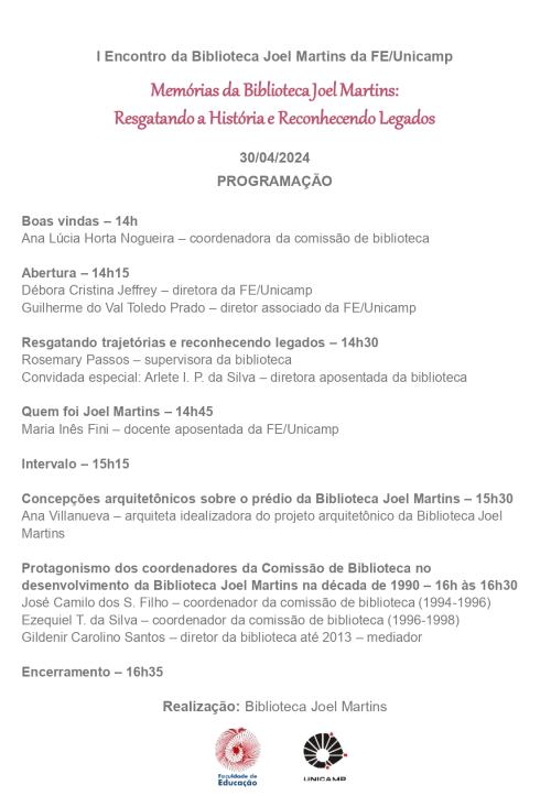 Cartaz do evento "I Encontro da Biblioteca Joel Martins da FE/Unicamp - Memórias da biblioteca - resgatando a história e reconhecendo legados"