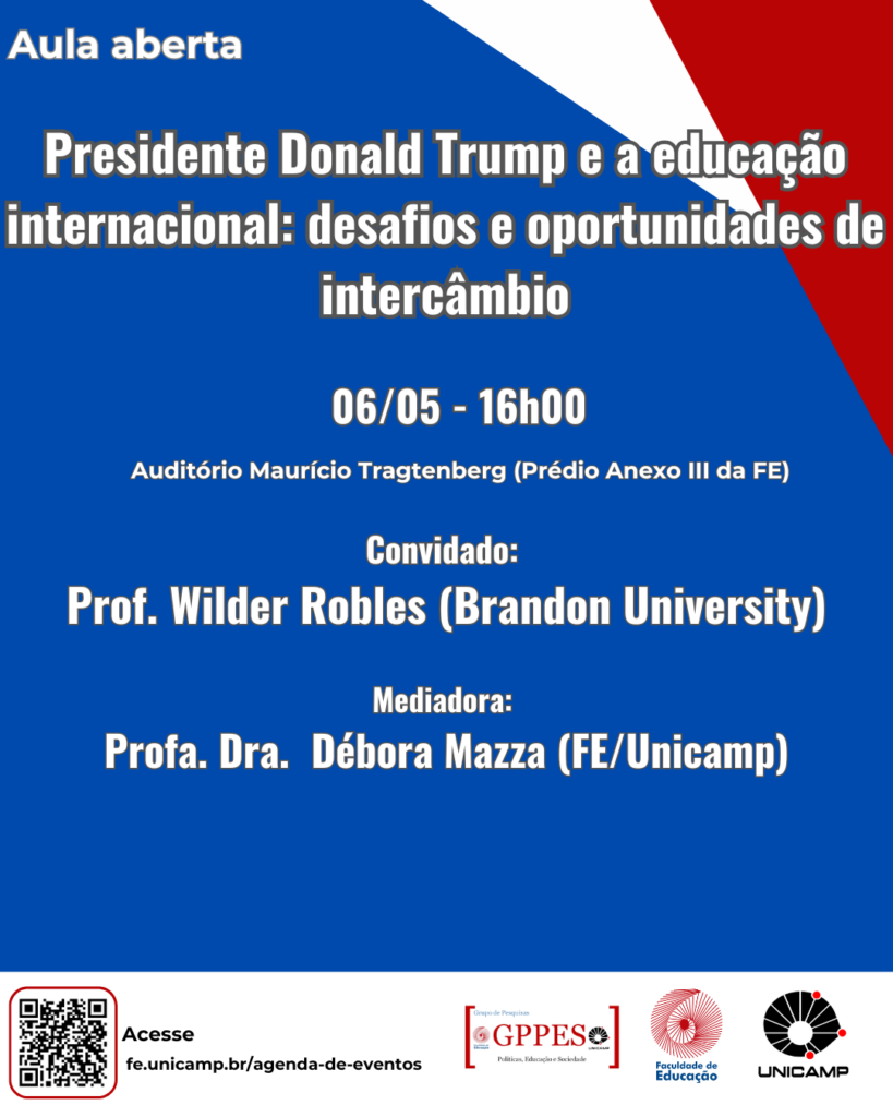 Cartaz do evento "Presidente Donald Trump e a educação internacional: desafios e oportunidades de intercâmbio"