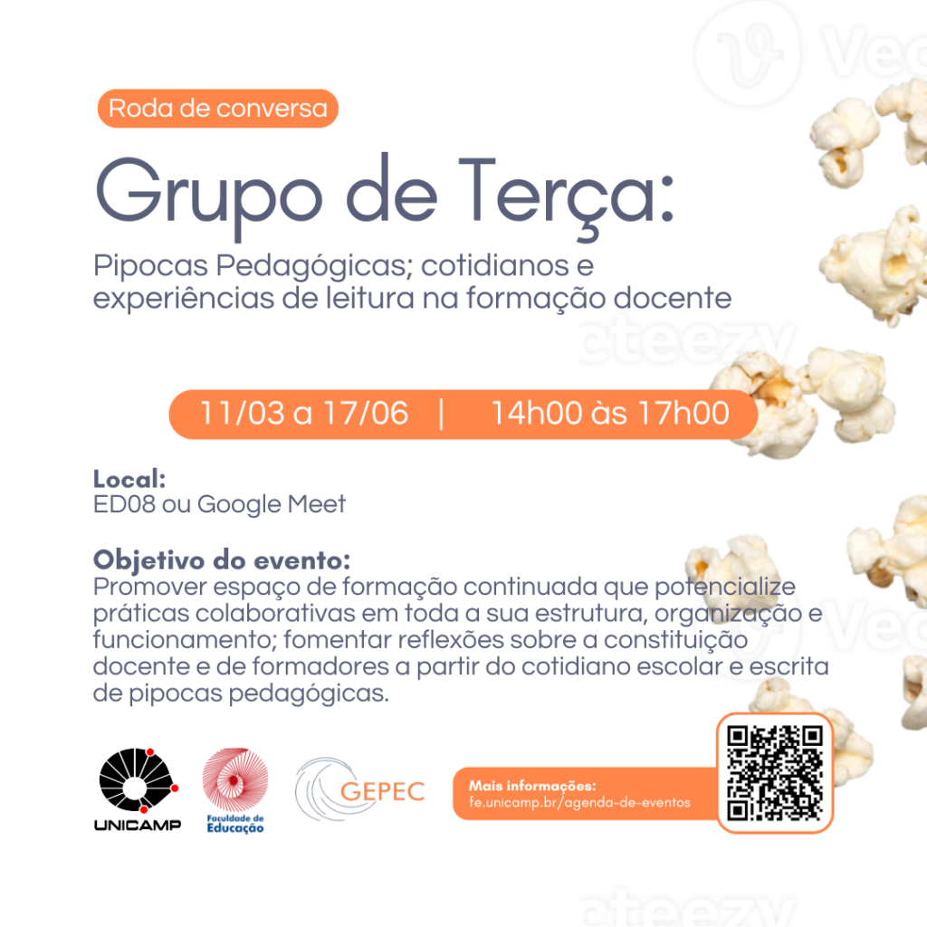 Cartaz do evento "Grupo de Terça: Pipocas Pedagógicas; cotidianos e experiências de leitura na formação docente"