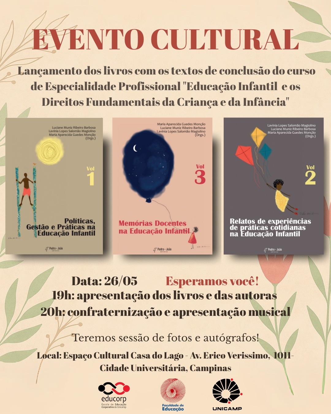 Cartaz do evento "Evento Cultural de Lançamento dos livros do Curso “Educação Infantil e os Direitos Fundamentais da Criança e da Infância”