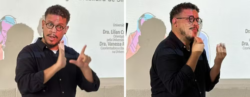 #paratodosverem: Em duas fotos, lado a lado, o professor Guilherme Nichols, primeiro surdo a obter título de doutor na Faculdade de Educação da Unicamp, sinaliza em Libras durante defesa da tese em que reforça a importância da literatura surda na educação — Foto: Jason John Nichols