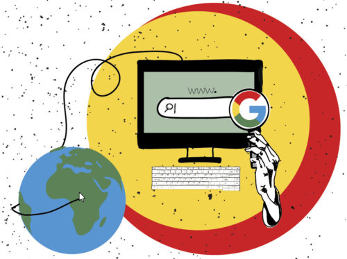 Ilustração em que há o planeta Terra conectado a um computador por um fio preto. O computador está com a página inicial do Google aberta e em volta há um círculo amarelo com borda vermelha. À frente do computador, há uma mão segurando uma lupa com o logotipo do Google ao centro da lente. O fundo da ilustração é branco com pintas pretas. Fim da descrição.