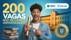 Imagem de fundo azul. Ao centro, há um jovem segurando um diploma dourado. À esquerda, há o texto "200 vagas na melhores universidades!", nas cores amarelo e branco. Na parte superior direita, há um balãode texto com os logotipos da UERJ e da UNICAMP. Ao fundo, há uma construção que remete à estrutura de um prédio universitário. Fim da descrição.