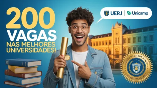 Imagem de fundo azul. Ao centro, há um jovem segurando um diploma dourado. À esquerda, há o texto "200 vagas na melhores universidades!", nas cores amarelo e branco. Na parte superior direita, há um balãode texto com os logotipos da UERJ e da UNICAMP. Ao fundo, há uma construção que remete à estrutura de um prédio universitário. Fim da descrição.