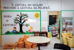 A biblioteca da Escola Estância de Planaltina, no DF, funciona em uma sala pequena, com duas mesas, estantes quebradas e livros doados — Foto: Divulgação