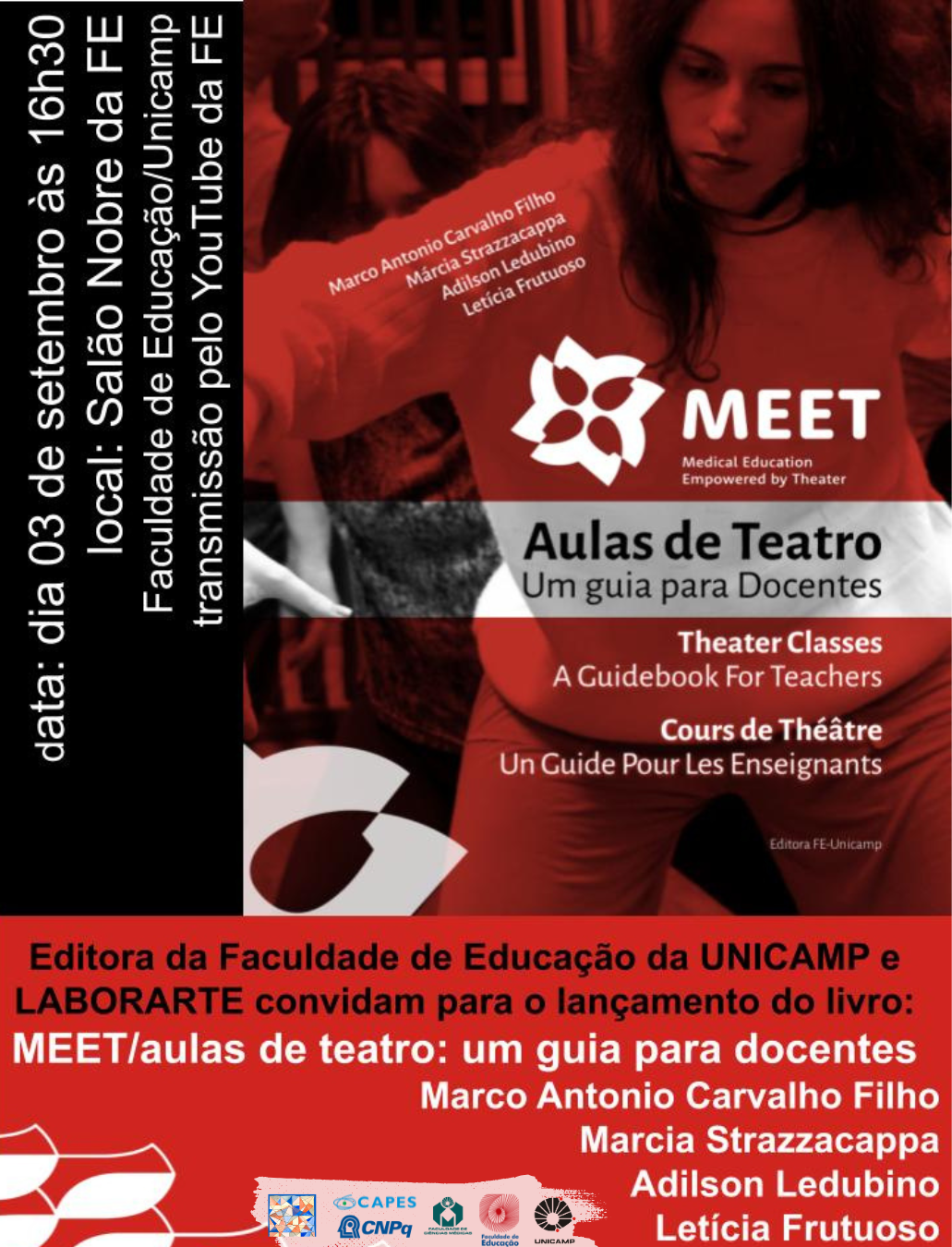 Banner do evento "Lançamento de Livro: Medical Education Empowered by Theater /MEET- aulas de teatro – um guia para docentes (edição trilíngue)"