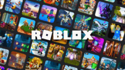 Imagem do jogo Roblox. Há o logotipo do jogo em centro e, ao fundo, há diversos cenários do jogo, todos dentro de quadrados. Fim da descrição.