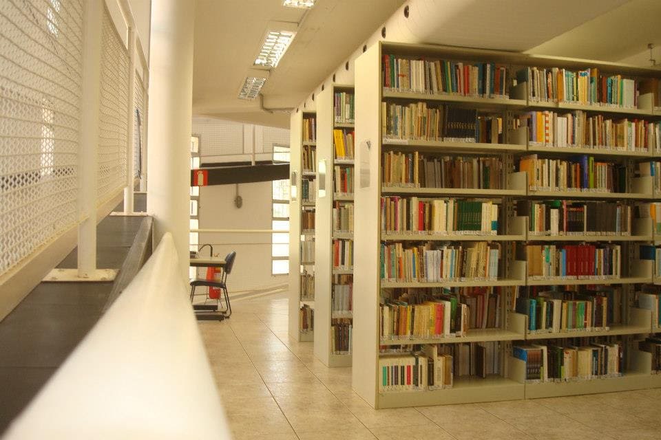 Fotografia que mostra interior da Biblioteca Prof. Joel Martins, da Faculdade de Educação da Unicamp. O ambiente é bem iluminado e há estantes com livros. O piso, as paredes e o teto são claros. Fim da descrição.