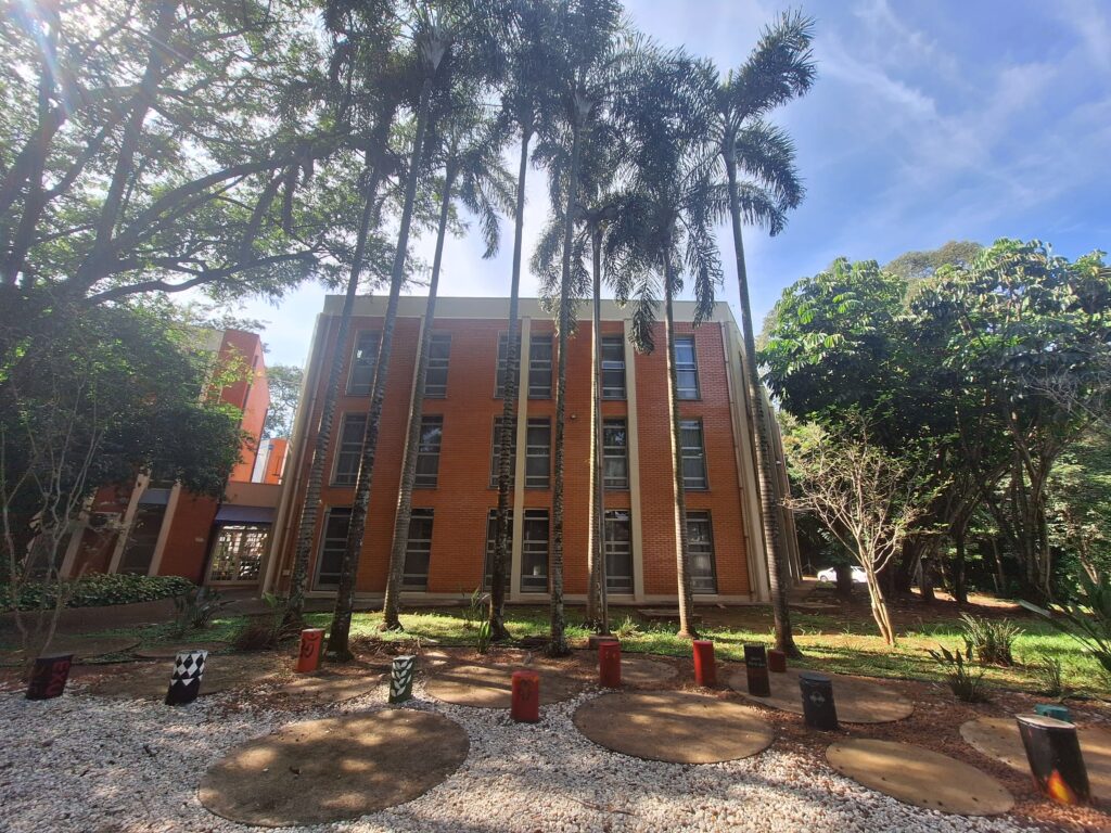 Fotografia que mostra fachada da Biblioteca Prof. Joel Martins, da Faculdade de Educação da Unicamp. O ambiente é aberto, há árvores e grama. O prédio é laranja e há janelas grandes. No chão, além da grama, há caminhos de cimento que levam à entrada da biblioteca. É dia e o ambiente é bem iluminado pela luz natural. Fim da descrição.