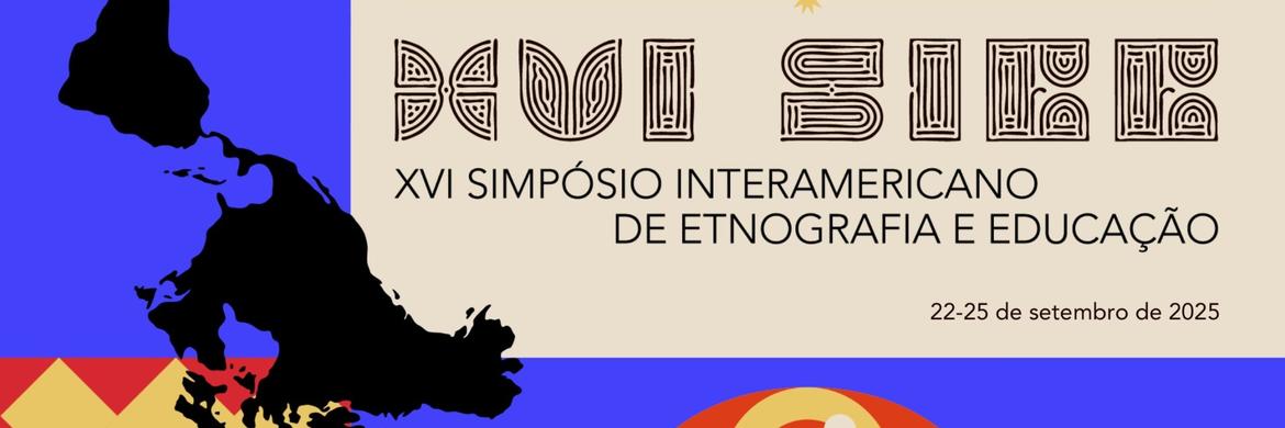 Um pôster promocional para o XVI Simpósio Interamericano de Etnografia e Educação, com datas e informações visuais. O pôster apresenta uma composição visual com um mapa, elementos gráficos e texto. O mapa, em preto sobre um fundo azul, ocupa grande parte da área da esquerda, indicando uma região geográfica. Abaixo do mapa, a frase "XVI SIMPÓSIO INTERAMERICANO DE ETNOGRAFIA E EDUCAÇÃO" está centralizada em um fundo bege claro, com uma tipografia que utiliza padrões geométricos e linhas intrincadas. Abaixo desta frase, a data do evento, "22-25 de setembro de 2025", é exibida em uma fonte menor, em uma cor mais escura. Fundo em blocos de cores vibrantes (azul, vermelho e amarelo). O foco principal são os elementos gráficos do pôster, que criam um design visualmente complexo. Os formatos geométricos intrincados e o uso de cores contrastantes são elementos centrais do design do pôster. O mapa e a tipografia parecem ser parte integral da organização visual e da mensagem. As cores, a disposição e o tipo de letra escolhidos reforçam a mensagem e o tema do simpósio, destacando a importância do evento. O pôster é composto por elementos de design que visam atrair a atenção e comunicar as informações de forma eficaz. Os elementos visuais, como cores vibrantes, padrões e o mapa, contribuem para uma apresentação mais chamativa do pôster. A combinação desses elementos cria um trabalho gráfico bem planejado que atende ao seu propósito principal: promover o evento e transmitir suas informações. O estilo visual é moderno e atraente, com a combinação de formas geométricas, cores e imagens que o tornam cativante. A combinação de cores e formas cria um contraste interessante e atraente, e o mapa adiciona um toque de profundidade. O design parece ser limpo e conciso, enquanto ainda é atraente e memorável. O layout enfatiza a informação principal e é fácil de navegar.