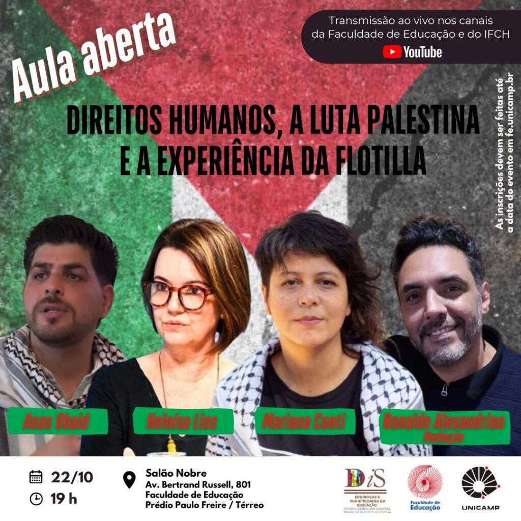 Arte de divulgação do evento "Aula aberta Direitos humanos, a luta Palestina e a experiência da Flotilla