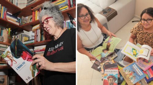 Montagem que mostra duas fotografias lado a lado. A fotografia da esquerda mostra uma mulher segurando um livro em uma biblioteca e a fotografia da direita mostra uma mulher e uma menina sentadas no chão segurando livros. Fim da descrição.